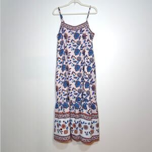 Pink Floral Elegant Boho Maxi Dress L Spaghetti Strap Resort Coastal Chic